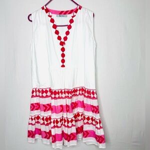 Bindu Sleeveless Dress Medium White Pink Geometric Print V Neck Tiered Ruffle